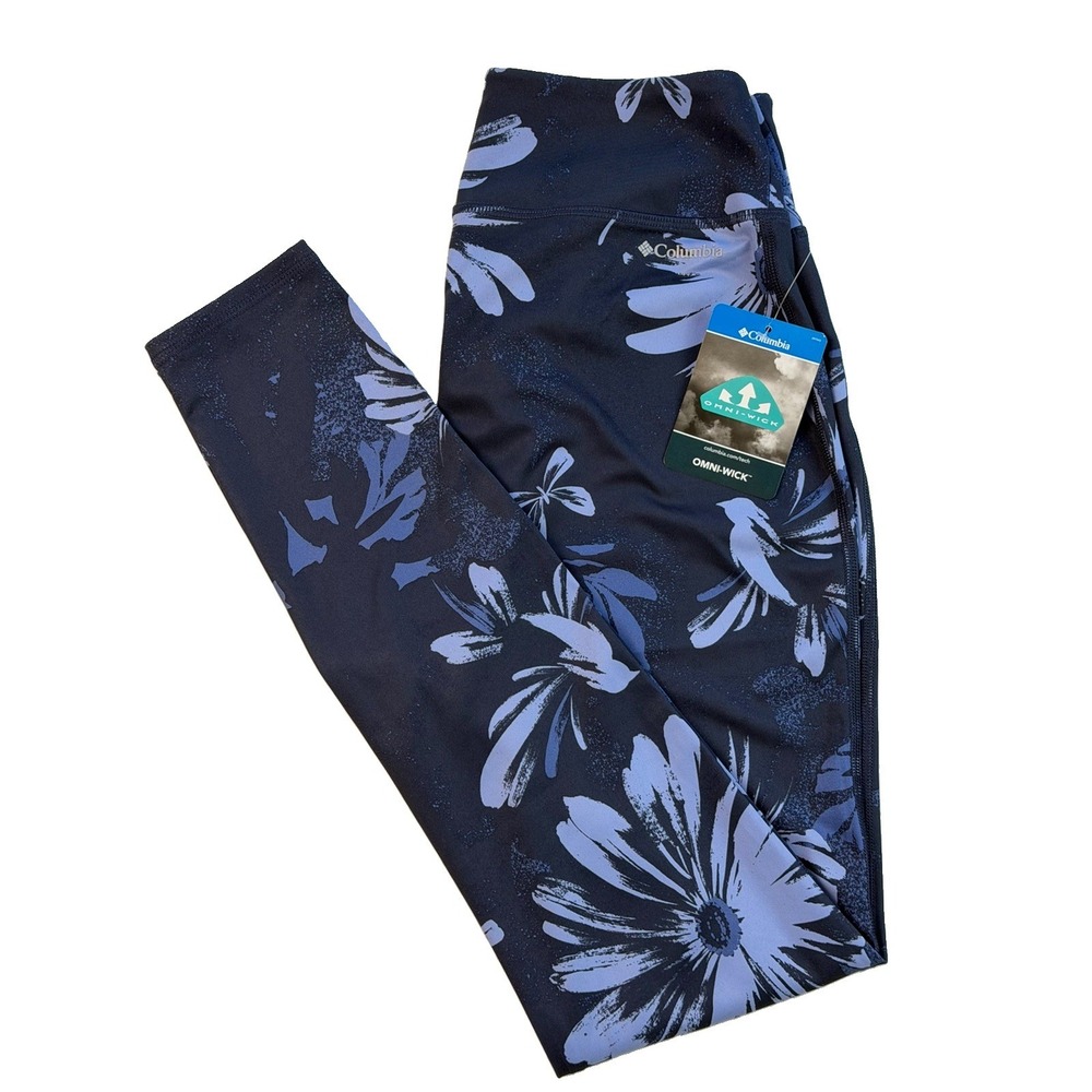 NWT Columbia Lodge Print 7/8 Leggings Women Sz M Omni-Wick Floral Navy Blue Yoga